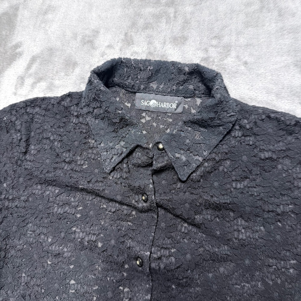 Sag Harbor Lace Shirt Womens L Black Stretch Long Sleeve Floral Sheer Whimsigoth - Picture 3 of 7
